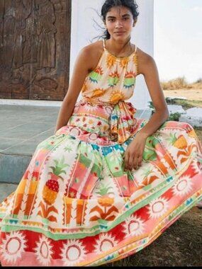 FARM RIO Rainbow Sunset Bow Halter Neck MAXI DRESS Size MEDIUM 8 10